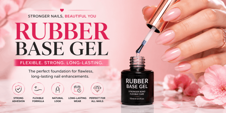 Rubber Base Gel – Flexible nail gel base used to strengthen natural nails and create a smooth foundation for manicures.