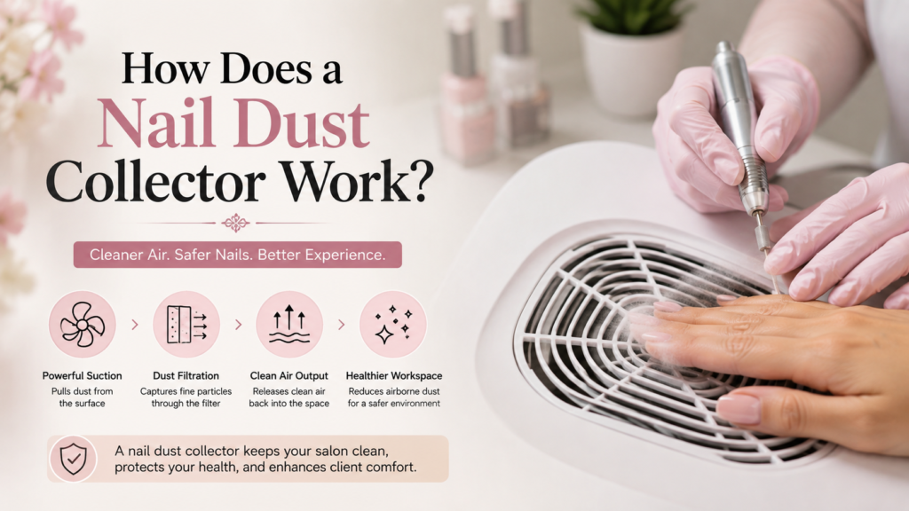 Nail Dust Collector – Professional manicure dust collector removing nail dust during an acrylic or gel nail treatment.