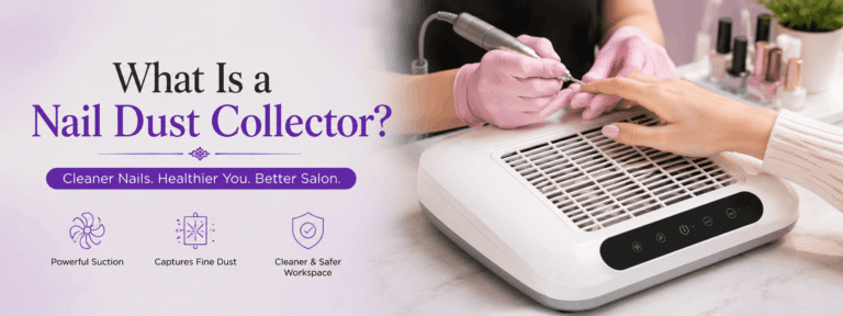 Nail Dust Collector – Professional manicure dust collector removing nail dust during an acrylic or gel nail treatment.