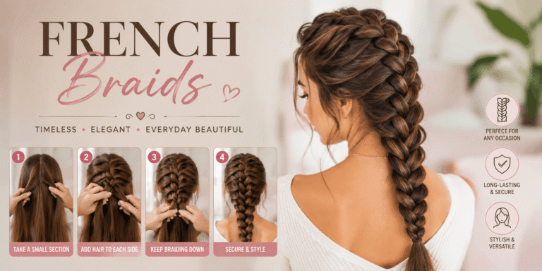 Step-by-step French braid hairstyle guide showing how to section, braid, and secure hair