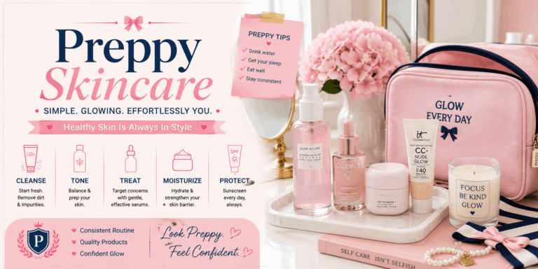 Preppy skincare routine with cleanser, toner, serum, moisturizer, and sunscreen