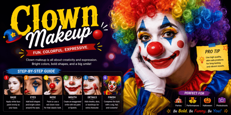 Clown makeup look with colorful face paint, bold eyes, red nose, and playful details