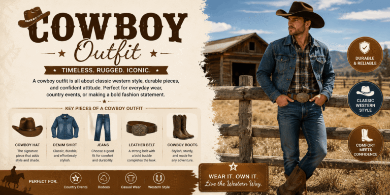 Cowboy outfit with a western hat, denim shirt, jeans, leather belt, and cowboy boots