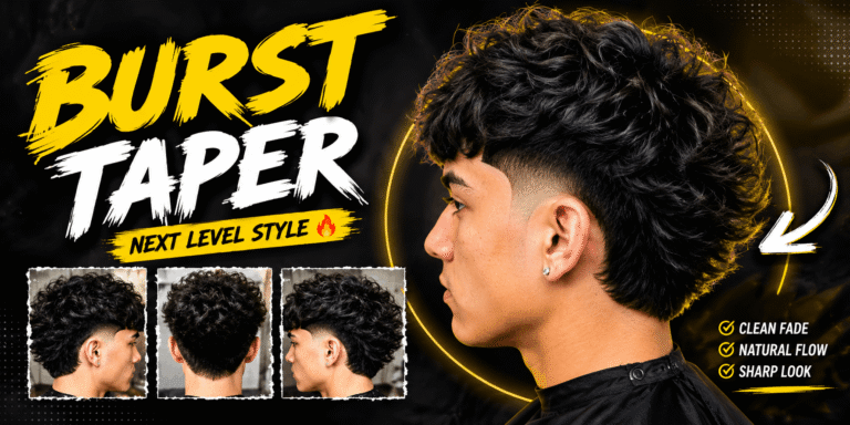 Burst taper haircut with curly hair and clean faded sides