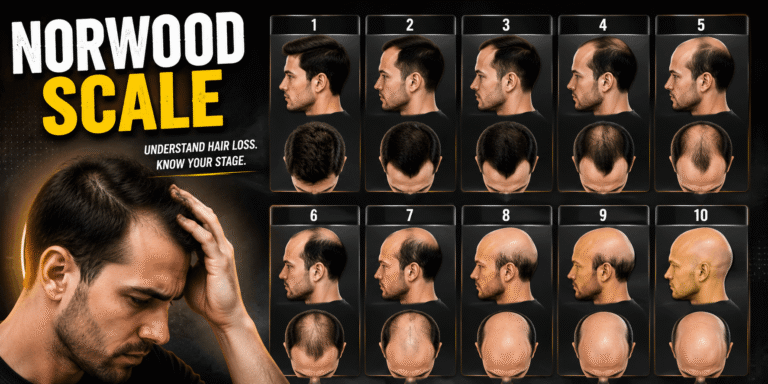 Norwood Scale showing different stages of male pattern hair loss