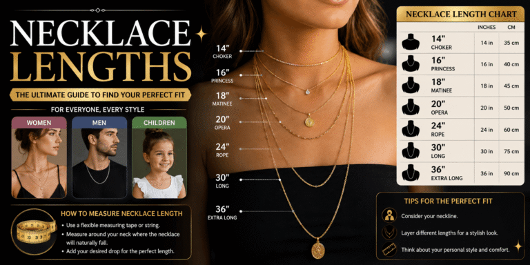 Necklace lengths chart showing different necklace sizes for women, men, and children