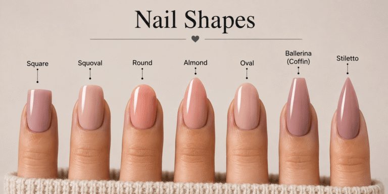 Nail Shapes – Different nail shapes including almond, oval, square, coffin, stiletto, and round styles displayed in a manicure guide.