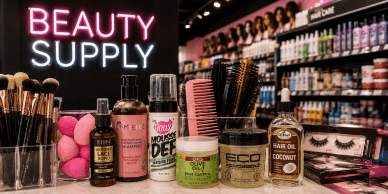 Beauty Supply – Variety of beauty products including skincare, haircare, makeup, cosmetics, and salon essentials.