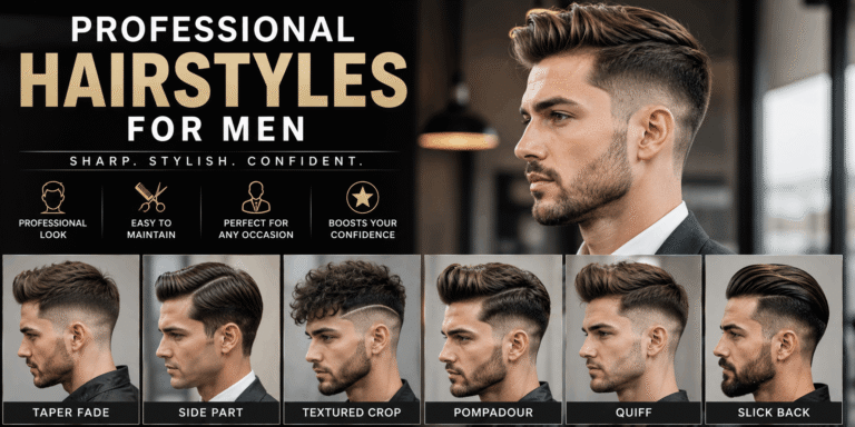 Professional hairstyles for men featuring taper fade, side part, textured crop, pompadour, quiff, and slick back styles