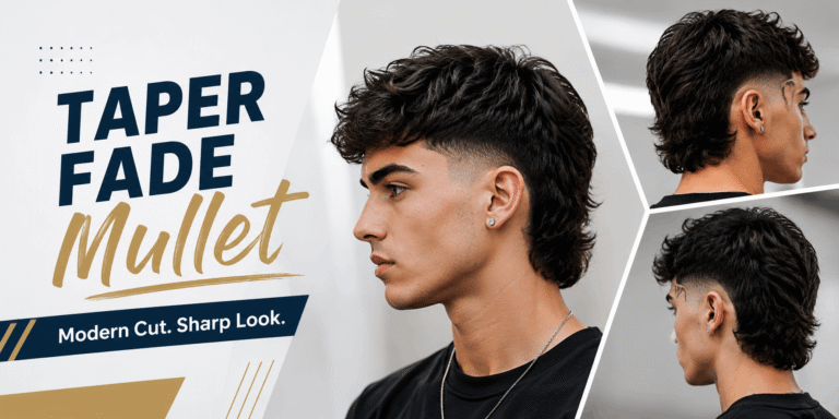 Taper fade mullet hairstyle on a modern man with textured hair and clean faded sides