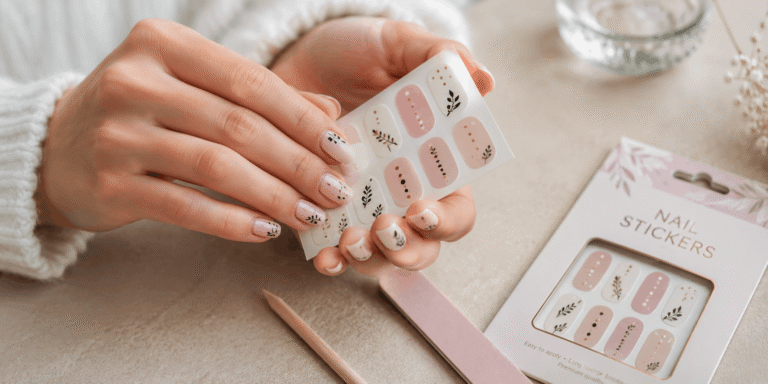 Realistic nail stickers with delicate floral and gold designs on nude pink manicured nails