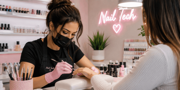 Professional nail tech providing a detailed manicure treatment in a modern nail salon
