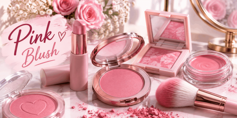 Pink blush makeup collection with powder blush, cream blush, blush stick, and makeup brush