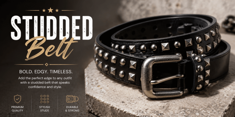 Black leather studded belt with silver round and pyramid studs and a metal buckle
