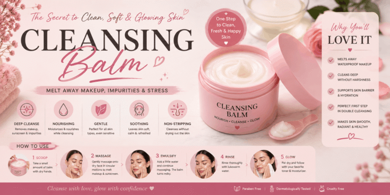 Pink cleansing balm jar with skincare steps for removing makeup and impurities while leaving skin clean, soft, and hydrated.