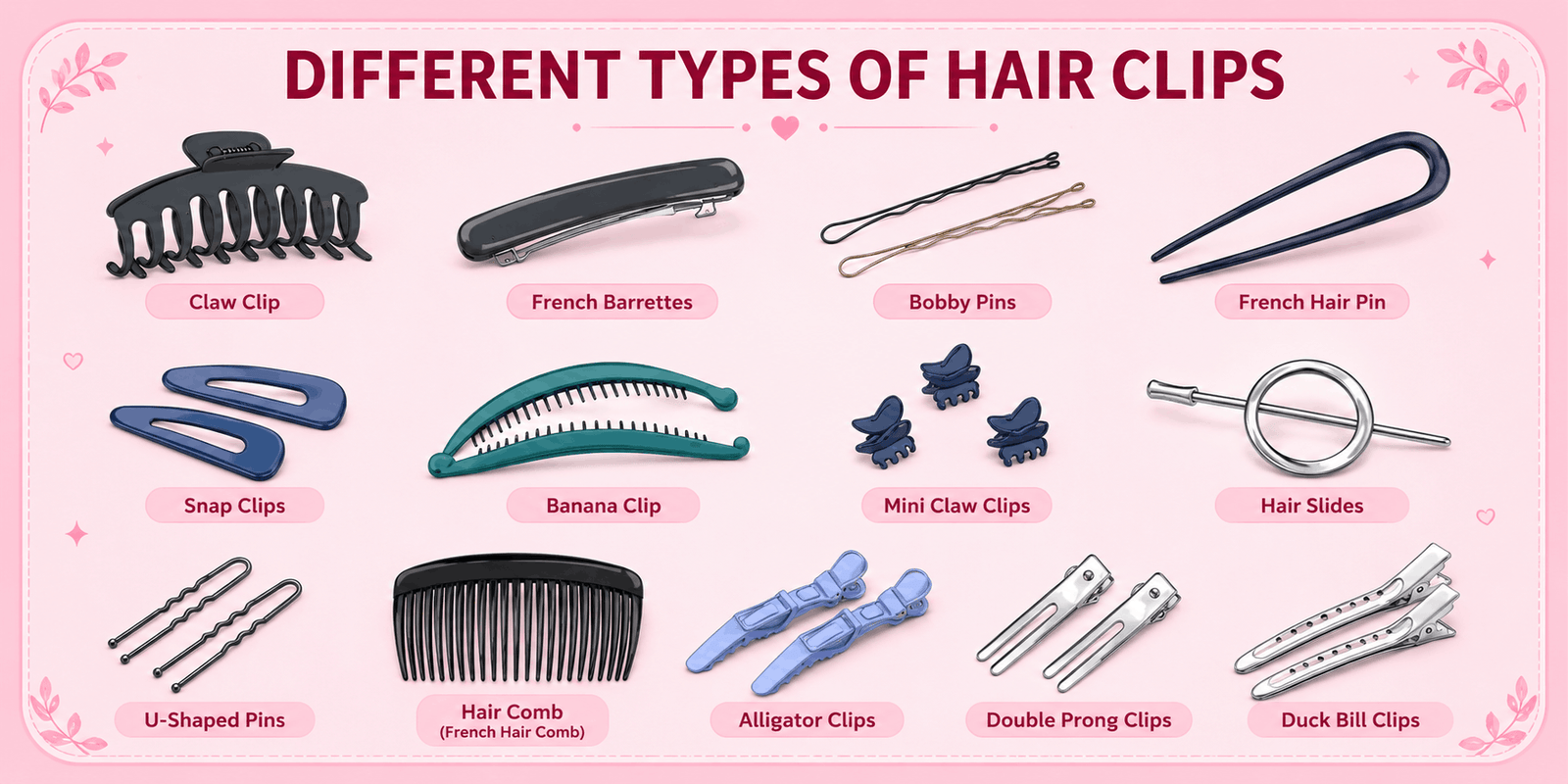 Different types of hair clips including claw clips, snap clips, bobby pins, banana clips, and hair slides