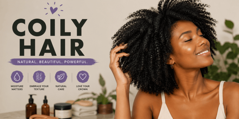 Black woman with voluminous natural coily hair smiling and touching her curls in a realistic beauty setting.