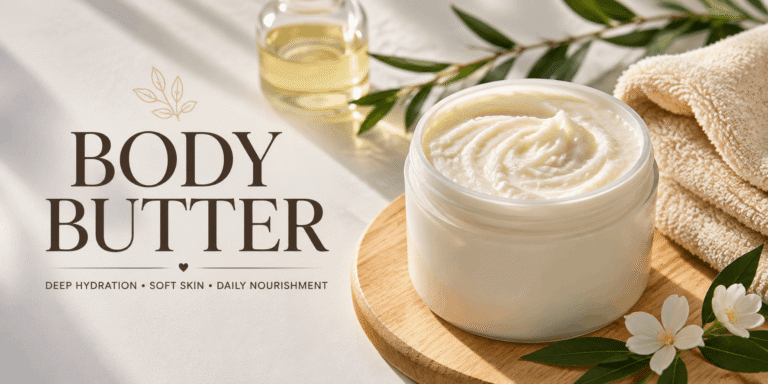 Realistic body butter jar with creamy texture, botanical leaves, body oil, towel, and white flowers in a natural spa setting.