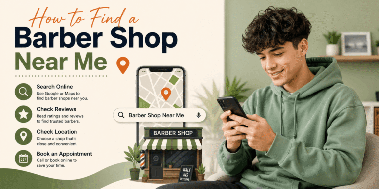Man searching for a nearby barber shop on his smartphone with a map and barber shop search guide.