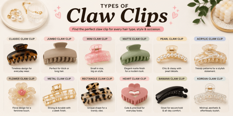 Different types of claw clips including classic, jumbo, mini, matte, pearl, acrylic, flower, metal, rectangle, heart, banana, and Korean claw clips.