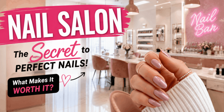 Realistic nail salon interior with a woman showing glossy pink almond-shaped nails and curiosity-focused text about getting perfect nails at a nail salon.