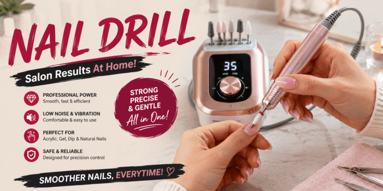 Professional nail drill being used to shape and smooth manicured nails, with a rose-gold electric nail drill machine and interchangeable bits.