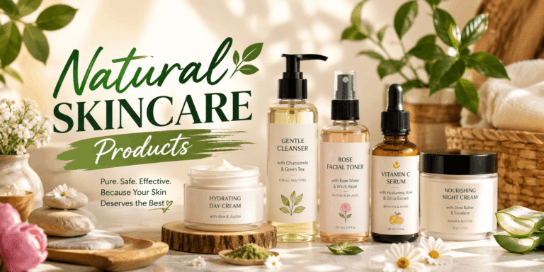Natural skincare products including gentle cleanser, rose facial toner, vitamin C serum, hydrating day cream, and nourishing night cream arranged with botanical ingredients.