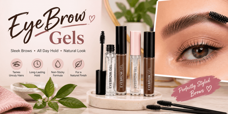 Eyebrow gels in clear and tinted formulas with spoolie brushes, shown alongside a close-up of neatly groomed eyebrows.