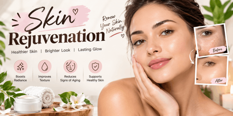Woman with glowing, healthy-looking skin alongside skincare products, towels, flowers, and a visual representation of skin rejuvenation benefits.