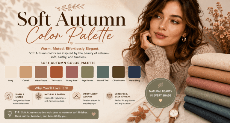 Soft Autumn Color Palette – Warm, muted earthy colors featuring soft browns, olive greens, terracotta, sage, camel, and dusty teal swatches.