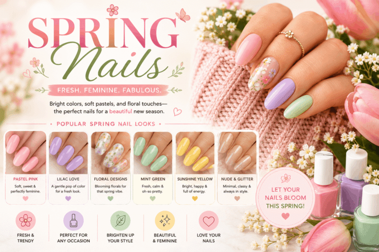 Spring Nails – Colorful spring nail designs featuring pastel shades, floral nail art, and fresh seasonal manicure styles.