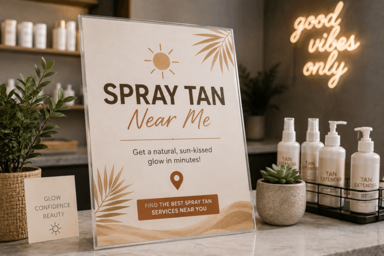 Spray Tan Near Me – Professional spray tan technician applying an even, natural-looking sunless tan in a modern beauty salon.