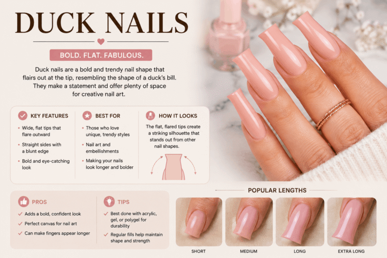 Duck Nails – Trendy flared duck nails featuring long acrylic nails with bold designs, glossy finish, and stylish nail art.