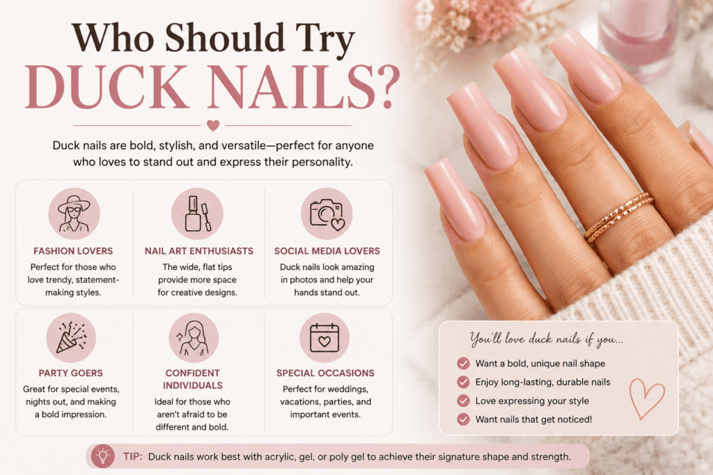 Duck Nails – Trendy flared duck nails featuring long acrylic nails with bold designs, glossy finish, and stylish nail art.