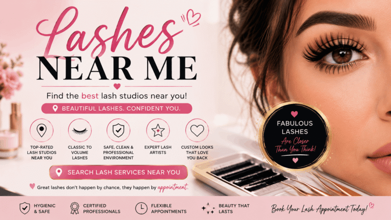 Lashes Near Me – Professional lash technician applying eyelash extensions at a modern beauty salon with high-quality lash products.