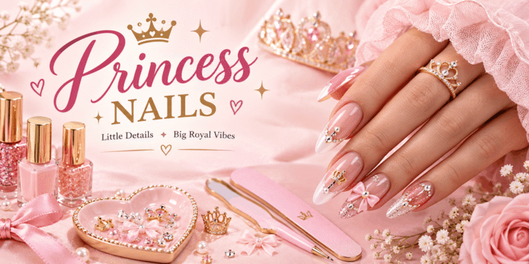 Elegant princess nails with pink almond-shaped manicure, rhinestones, crown charms, pearls, bows, and gold accents.