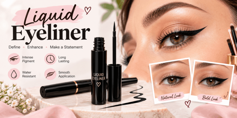 Liquid eyeliner with a precision applicator shown beside a close-up of a winged eyeliner look and natural-to-bold eye makeup styles.
