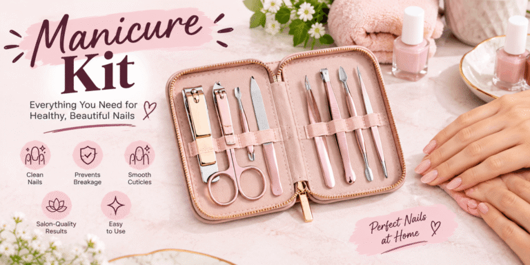 Pink manicure kit with nail clippers, cuticle tools, scissors, nail file, and other manicure essentials arranged beside polished nails.