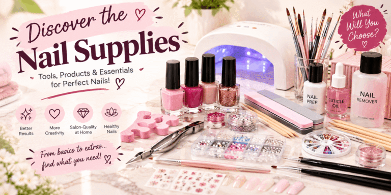 Nail supplies including nail polish, manicure tools, nail files, cuticle oil, nail prep, rhinestones, brushes, nail decals, and a UV nail lamp.