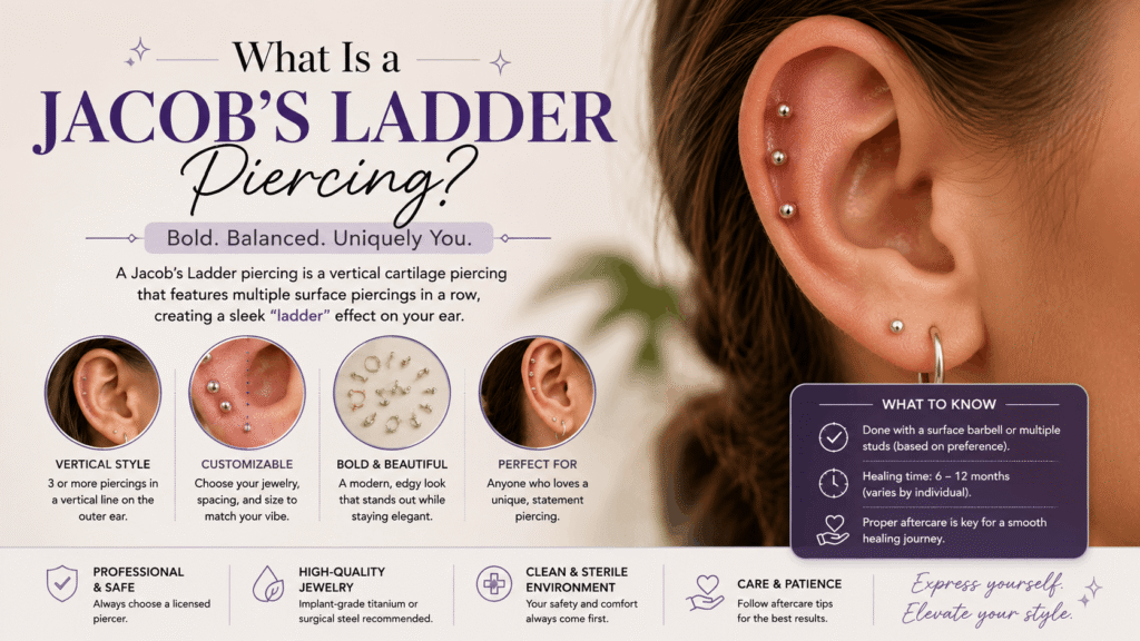 Professional body piercing studio displaying multiple Jacob's Ladder piercings with high-quality jewelry in a clean, sterile environment.