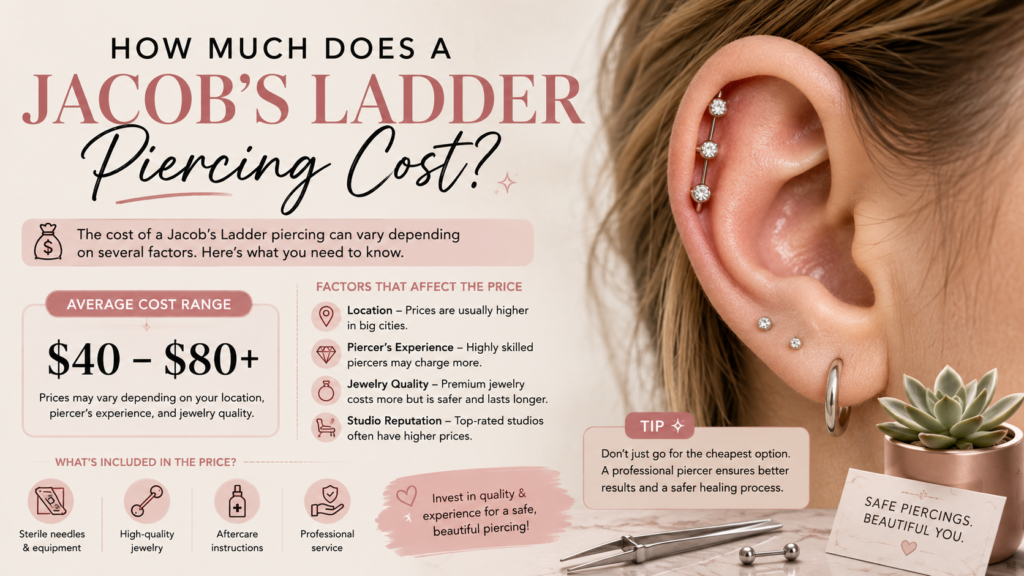 Professional body piercing studio displaying multiple Jacob's Ladder piercings with high-quality jewelry in a clean, sterile environment.