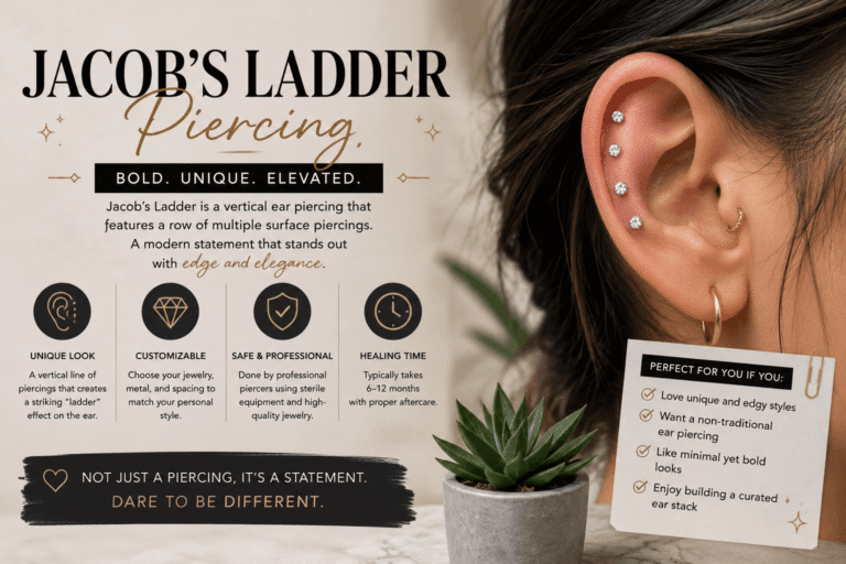 Professional body piercing studio displaying multiple Jacob's Ladder piercings with high-quality jewelry in a clean, sterile environment.