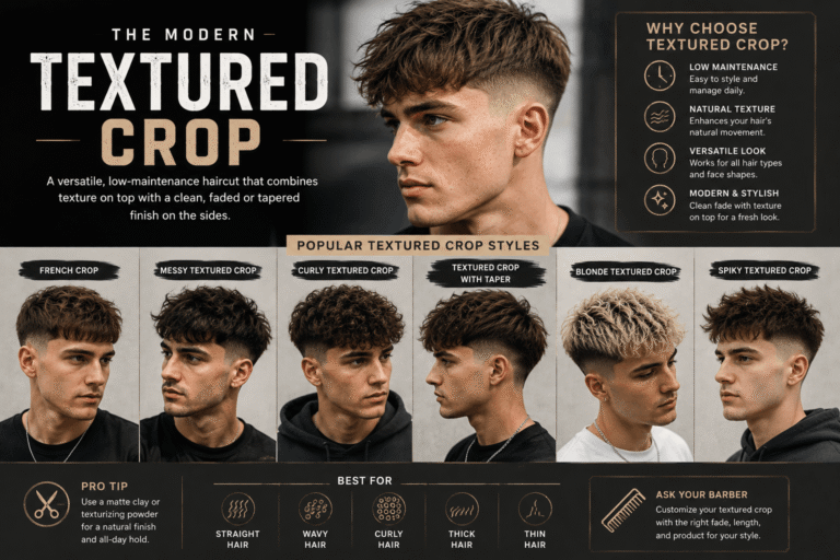 Man with a modern textured crop haircut featuring short faded sides and a textured top for a stylish look.