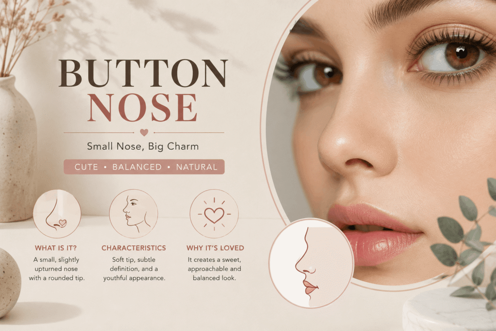 Close-up of a person with a small, rounded button nose and balanced facial features.