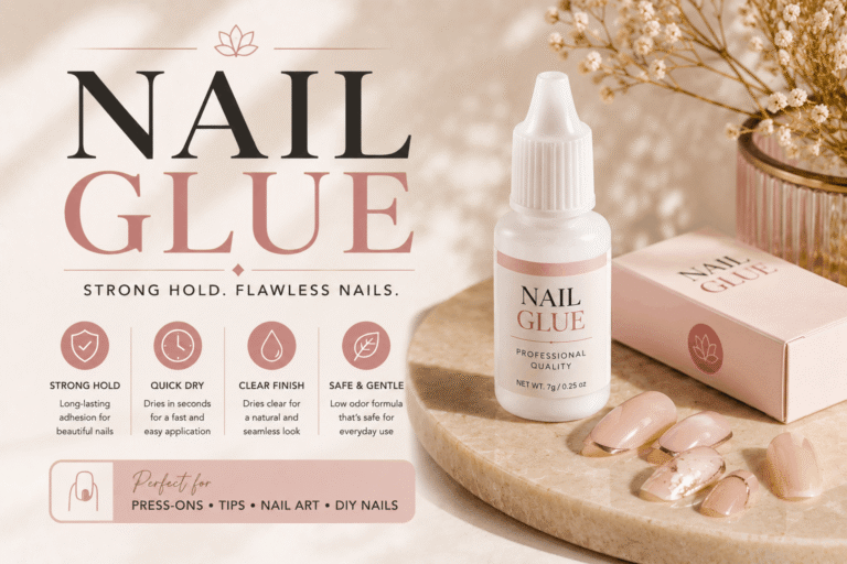 Nail glue bottle with press-on nails and manicure tools for secure and long-lasting nail application.