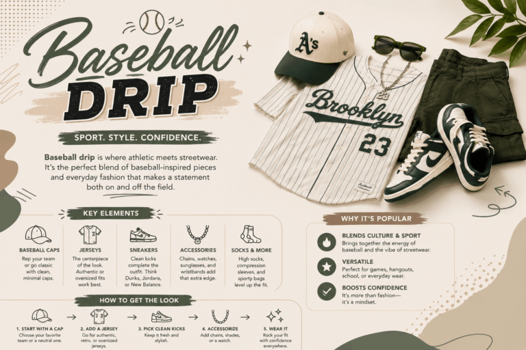 Stylish baseball player wearing trendy baseball drip outfit with cap, jersey, and accessories.