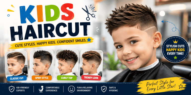 Smiling child getting a stylish kids haircut at a professional hair salon