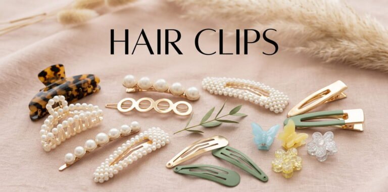 Stylish hair clips including claw clips, pearl clips, snap clips, and colorful hair accessories