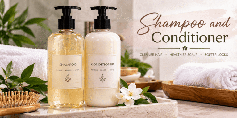 Realistic shampoo and conditioner bottles arranged with fresh greenery, white flowers, towels, and wooden bath accessories.