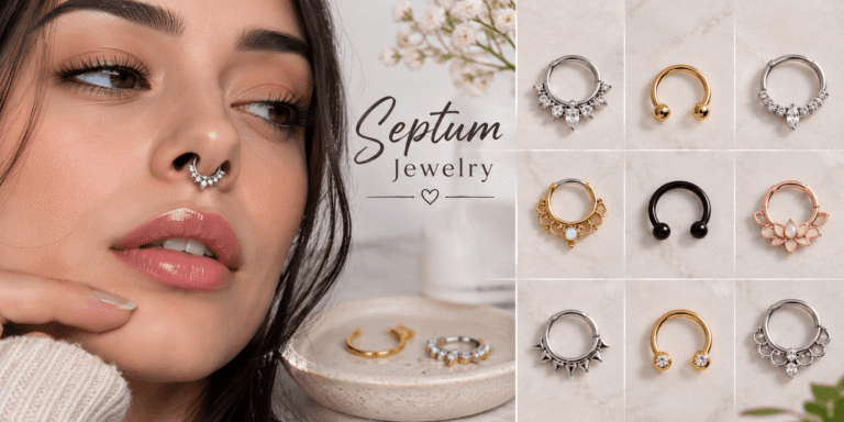 Close-up of a woman wearing a sparkling septum ring alongside a selection of silver, gold, black, and rose-gold septum jewelry designs.
